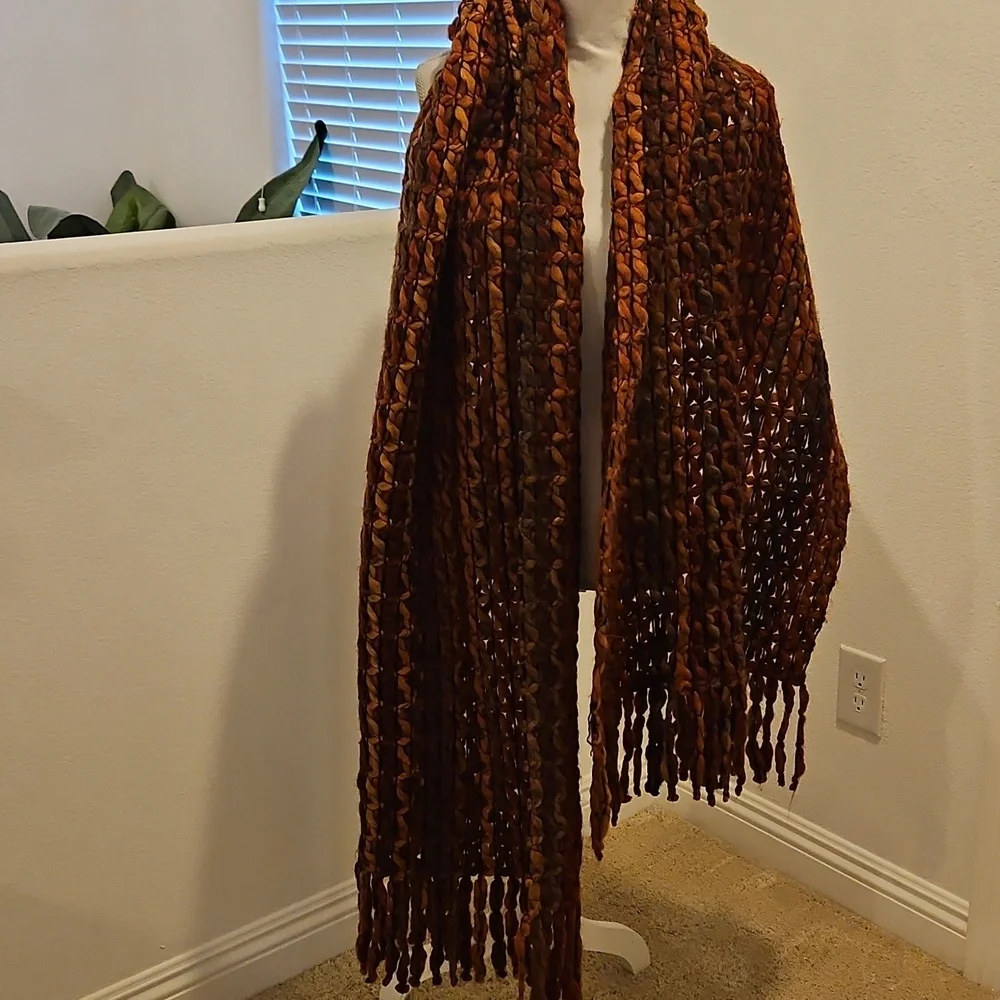 Helwn Welsh Italian Multicolor woven Orange Multicolor Fringe Shawl Scarf